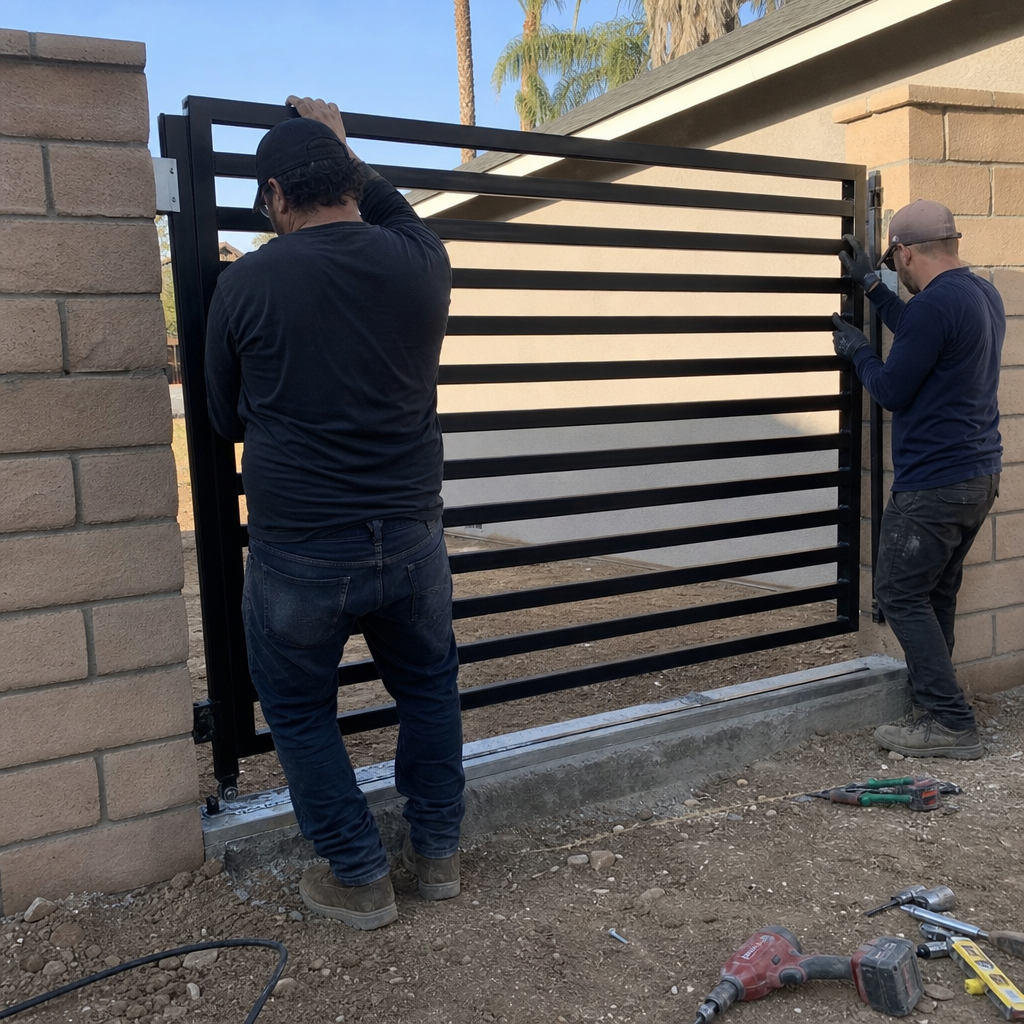 Two professional technicians installing a custom black horizontal metal driveway gate.