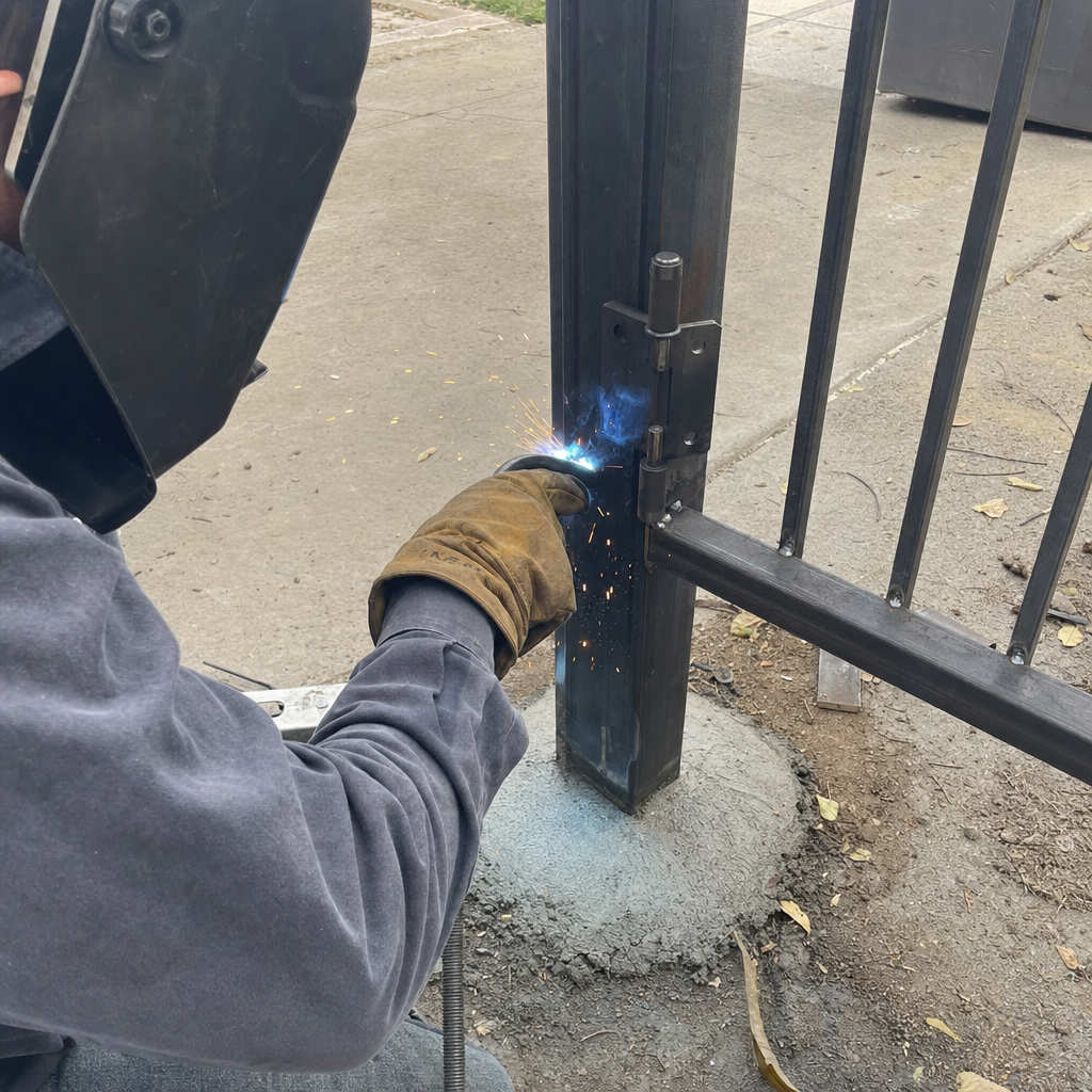 professional welding metal gate hinge to post for installation