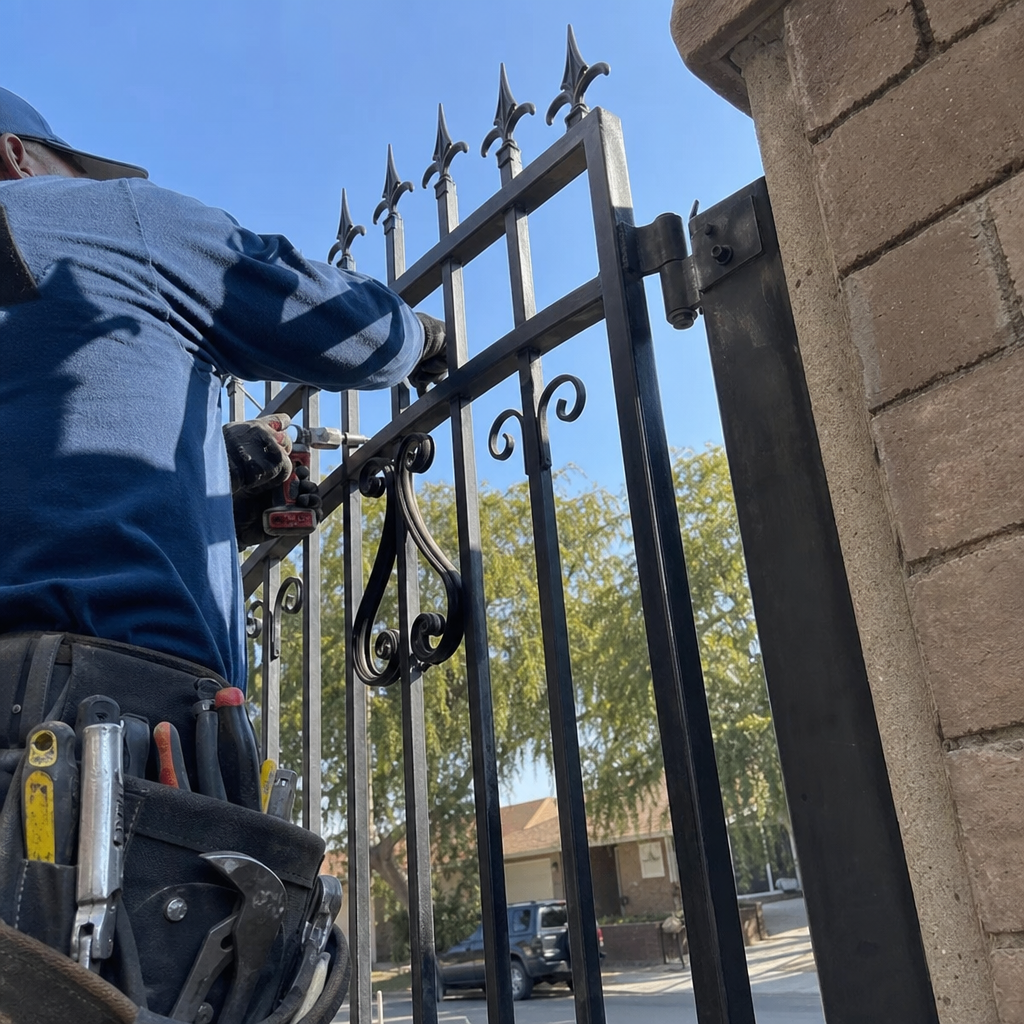 Professional contractor installing and repairing a black metal residential security gate