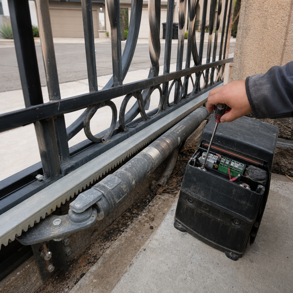 Technician performing automatic gate motor and opener maintenance repair