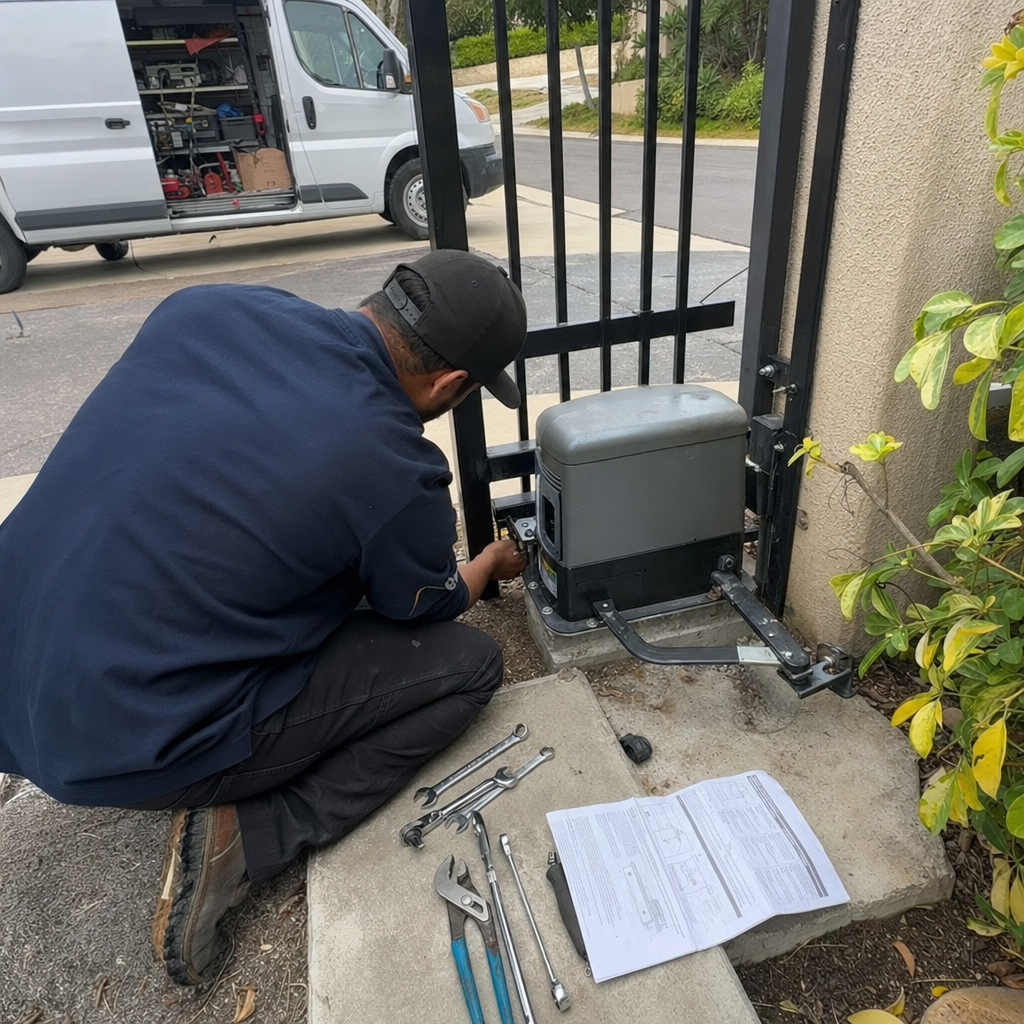 Technician performing professional gate motor and opener repair service