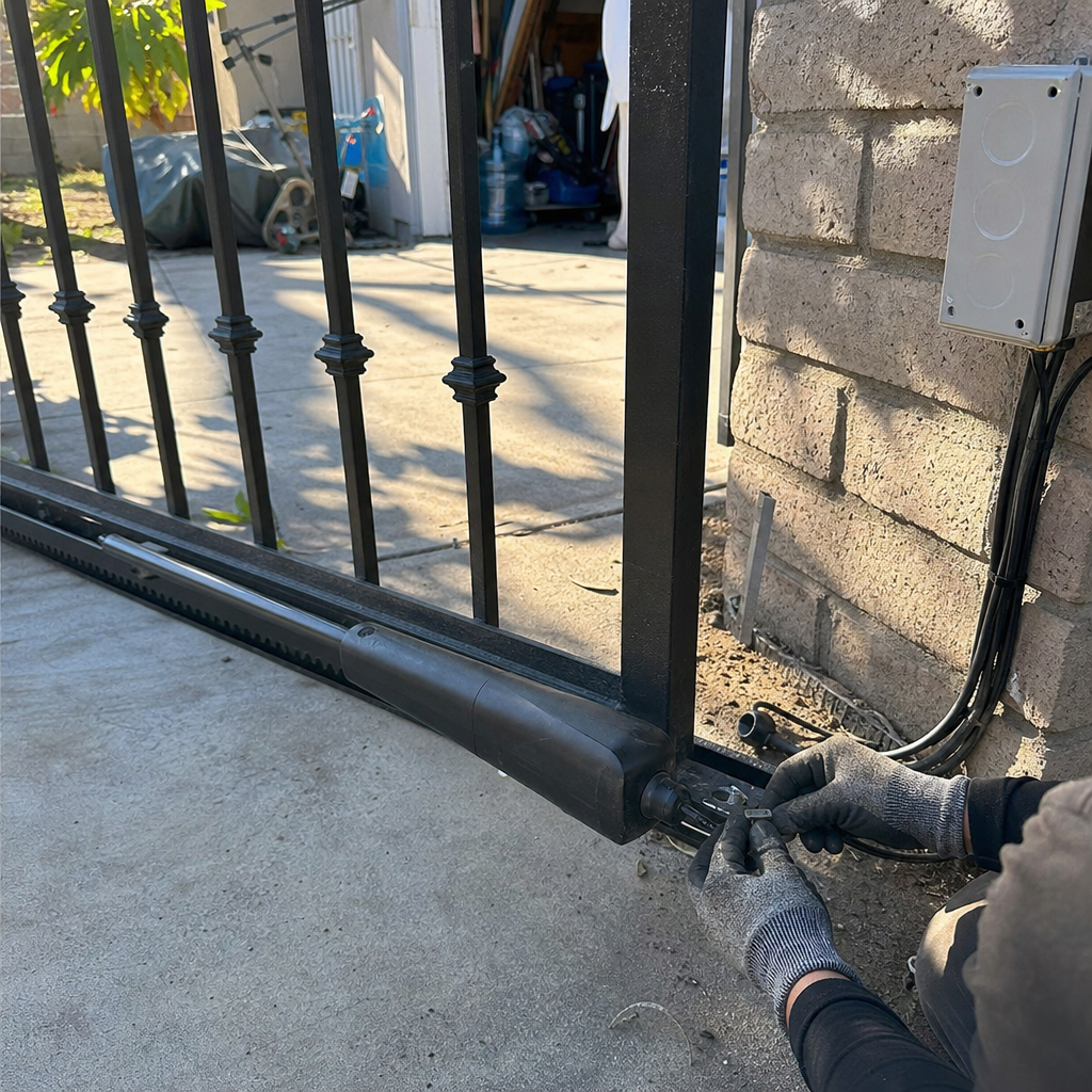 Technician performing professional electric sliding gate motor repair and maintenance
