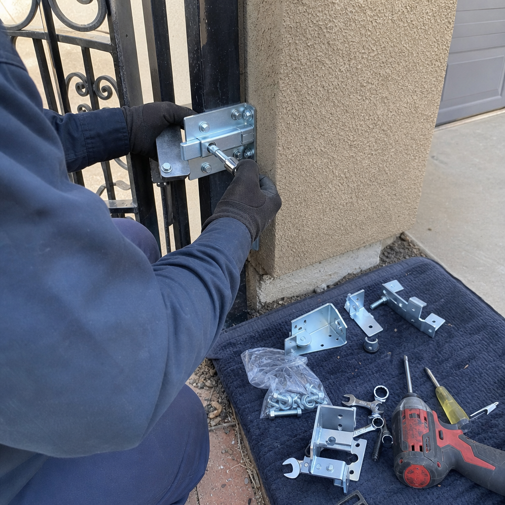 Professional technician installing a new metal latch on a gate