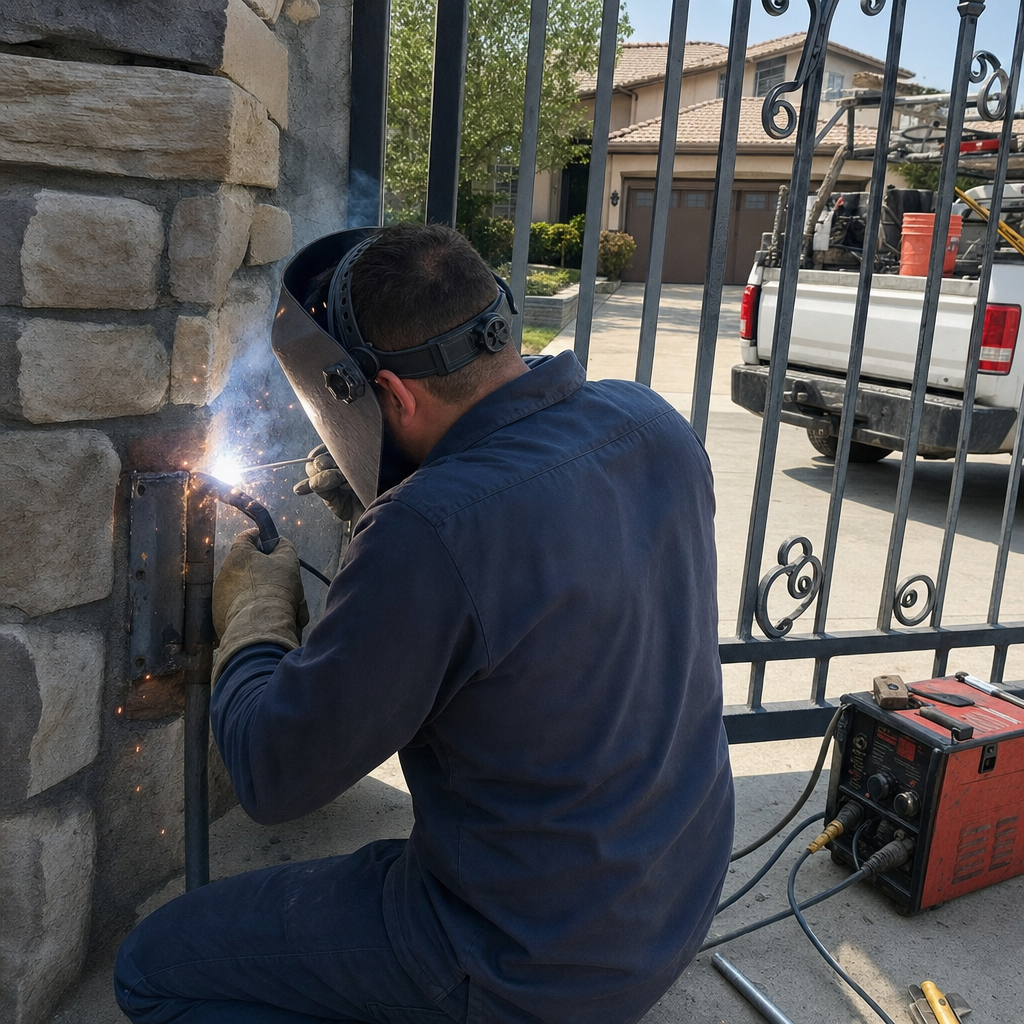 Professional welder performing a gate repair on a metal fence.