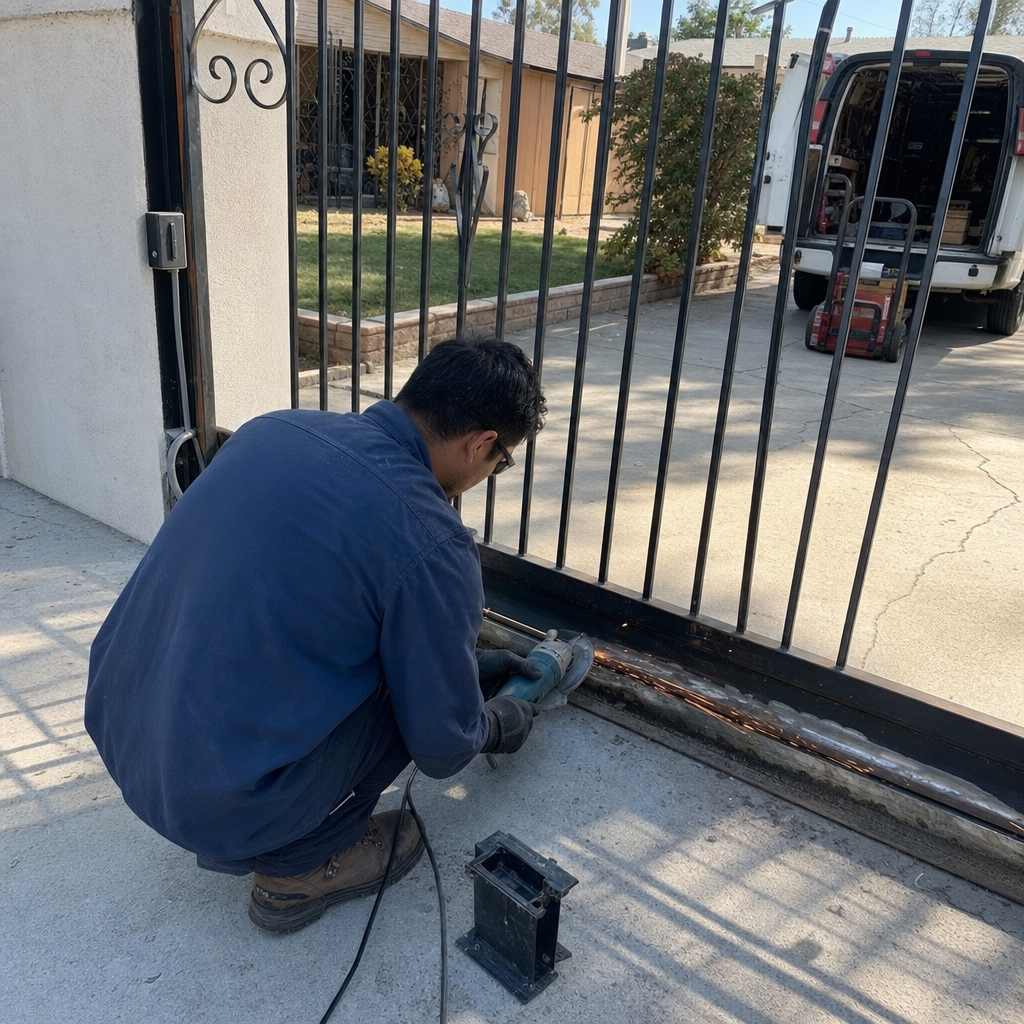 Technician using an angle grinder for metal gate track repair