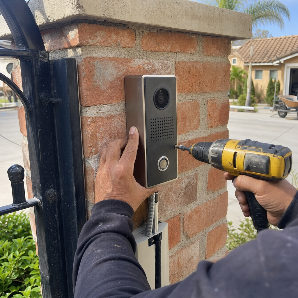 Technician installing a gate access control device on a brick pillar in Riverside, CA