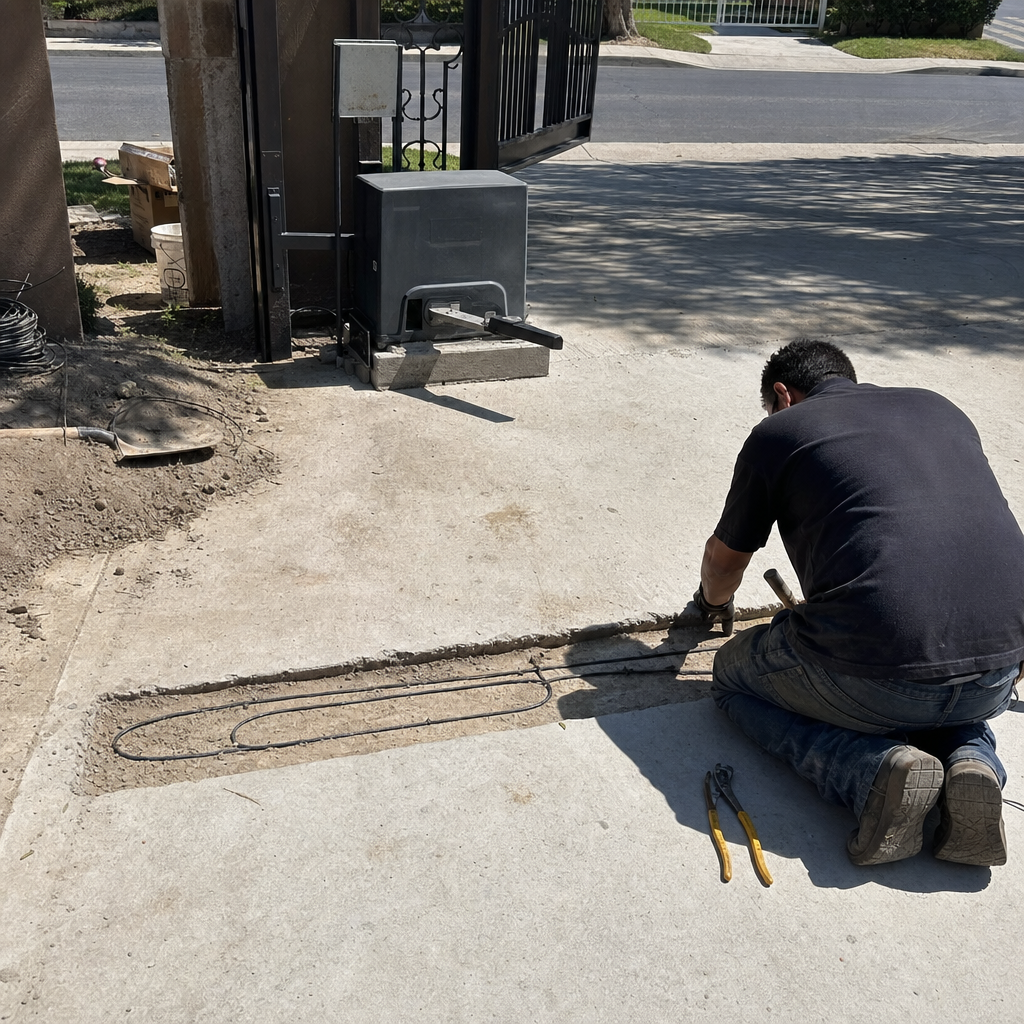 Technician installing underground gate access control loop sensor in concrete driveway in Riverside, CA
