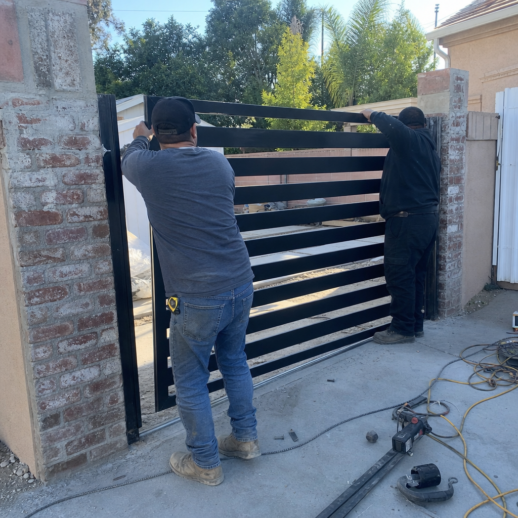 Two professional technicians installing a custom black metal driveway gate.