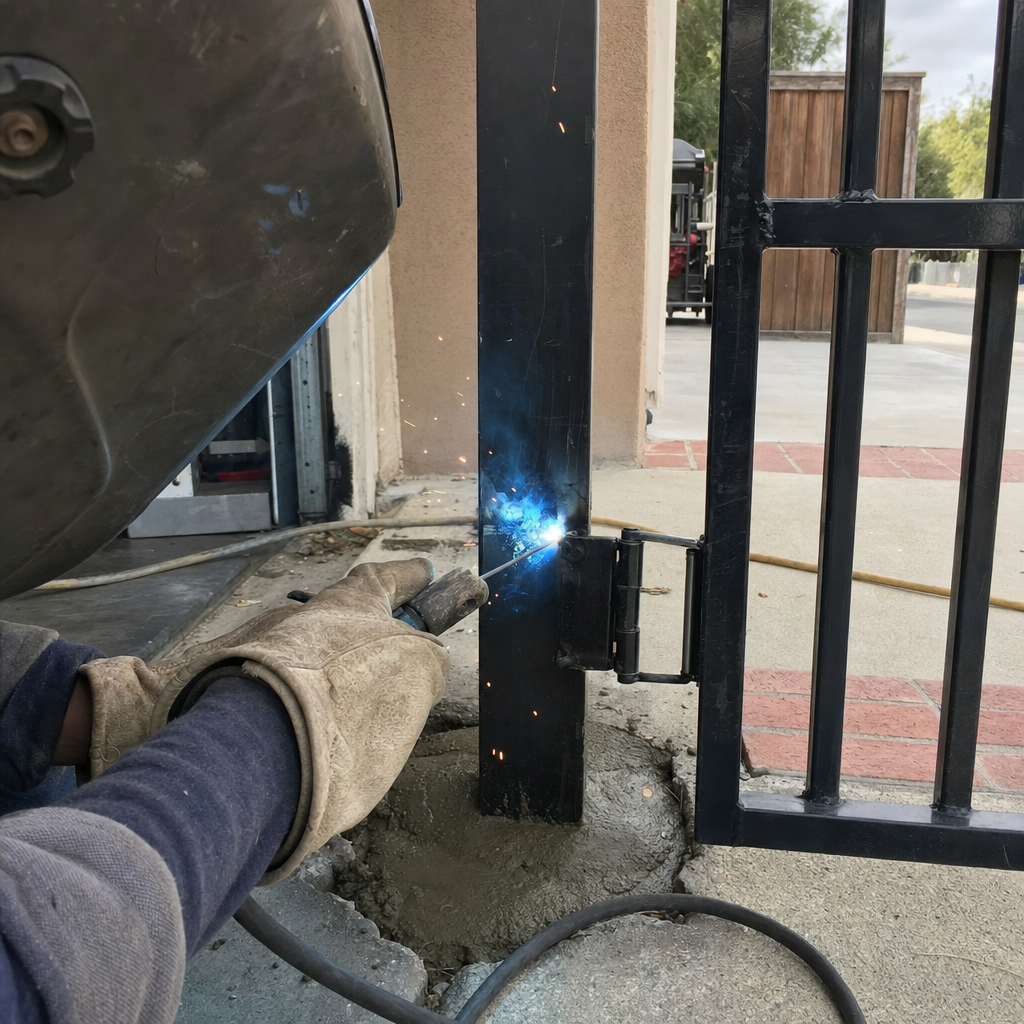 Professional welder performing metal gate repair and hinge installation