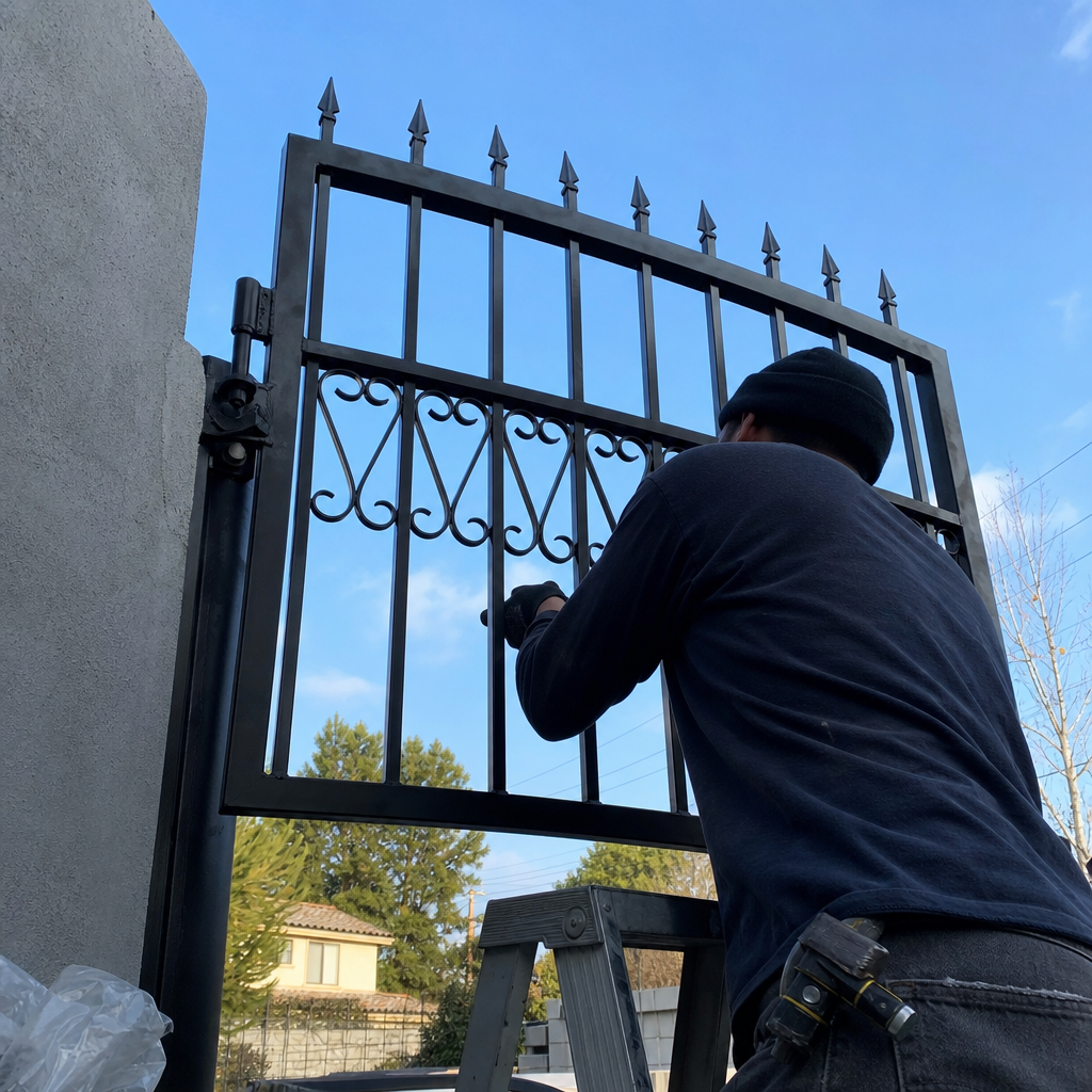Professional contractor installing a custom black wrought iron security gate
