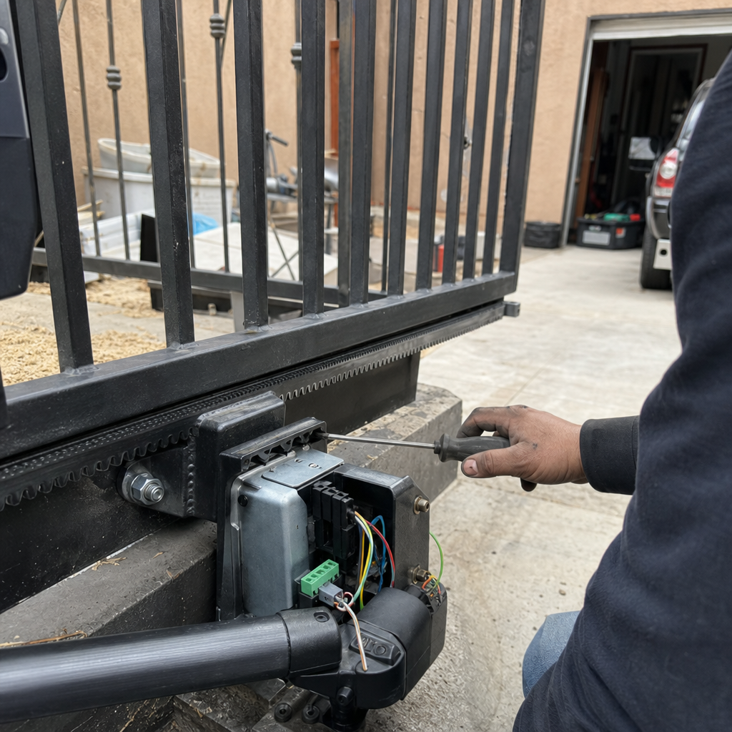 Technician performing professional repair on an automatic sliding gate motor