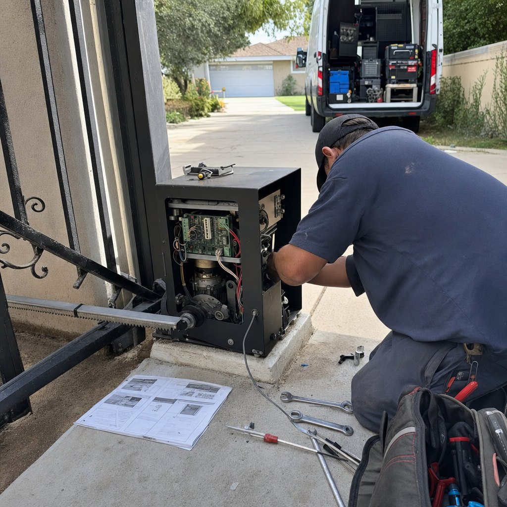 Professional technician repairing an automatic gate motor and opener system