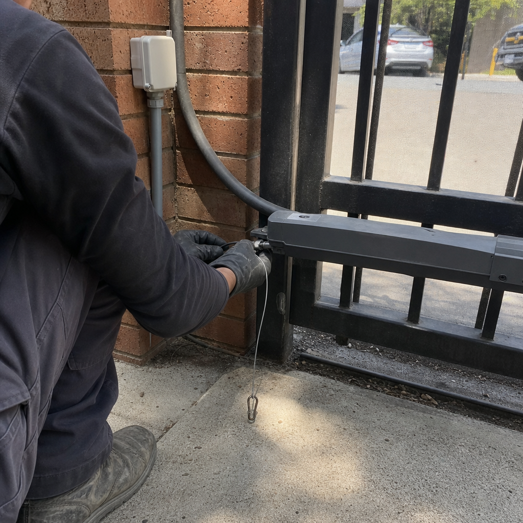 Technician performing maintenance on an automatic gate motor opener system