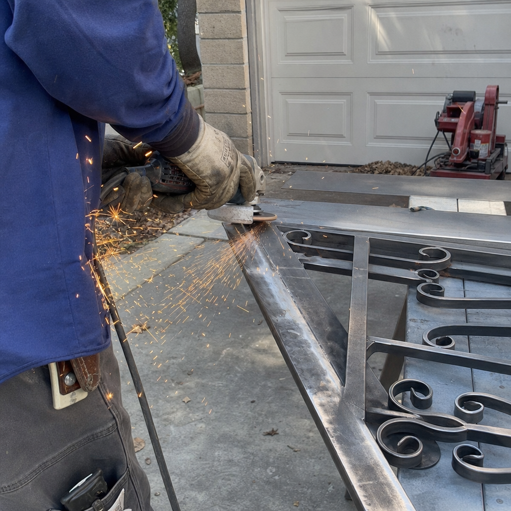 Metalworker using an angle grinder for professional gate repair and welding in Riverside, CA