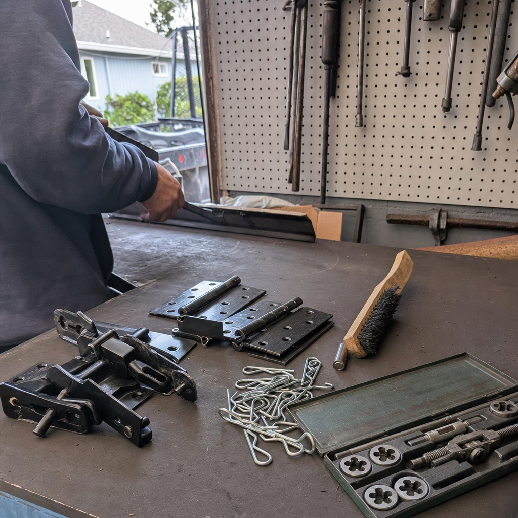 Metal fabricator repairing gate hardware and welding components on a workshop table in Riverside, CA