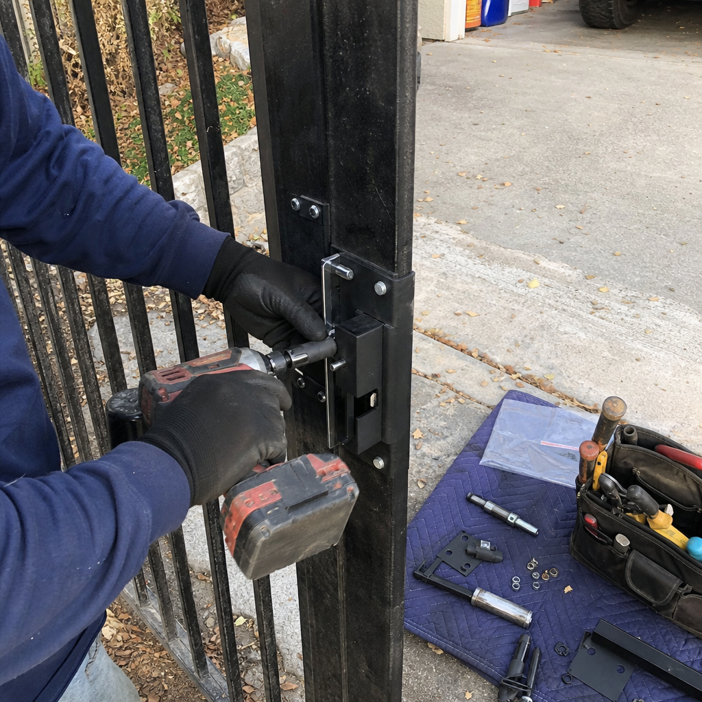Technician using a power drill to install a metal gate lock