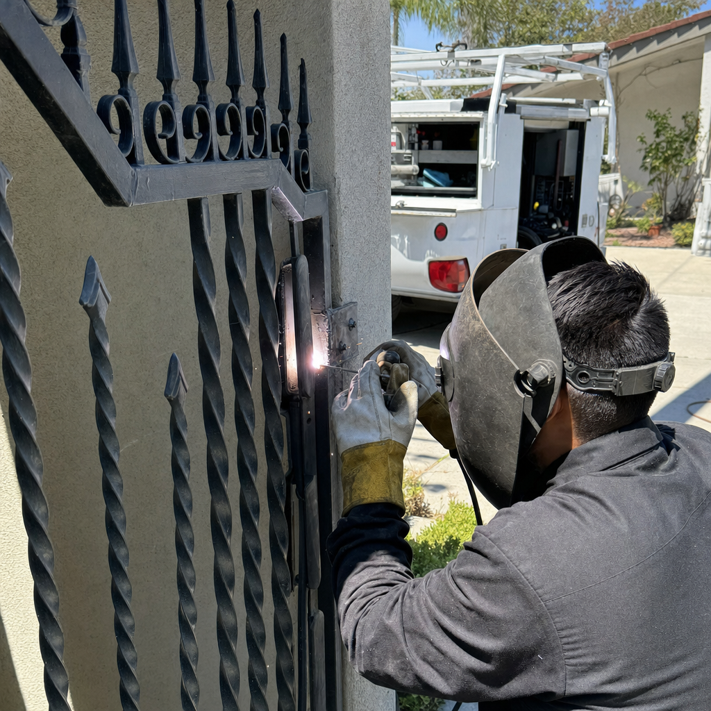 Professional welding technician performing residential iron gate repair