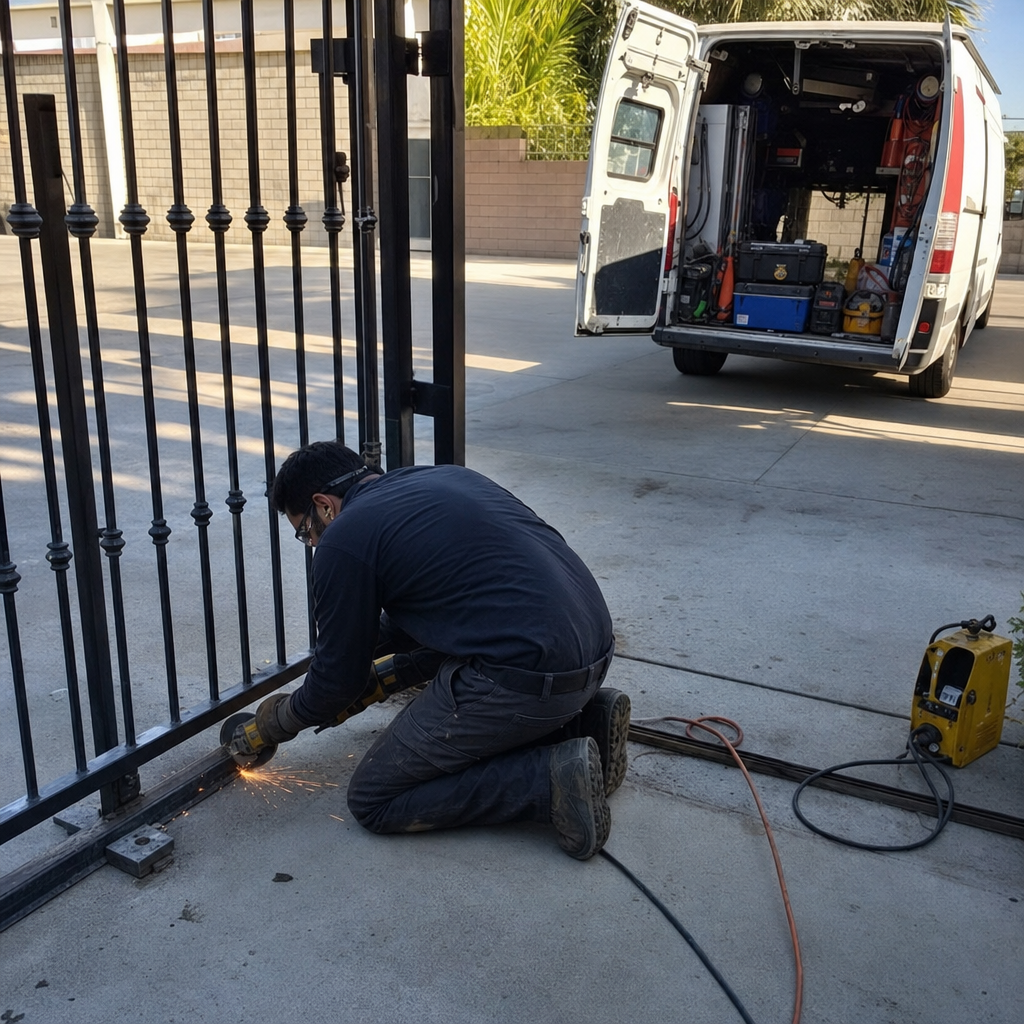 Technician performing metal gate repair with an angle grinder